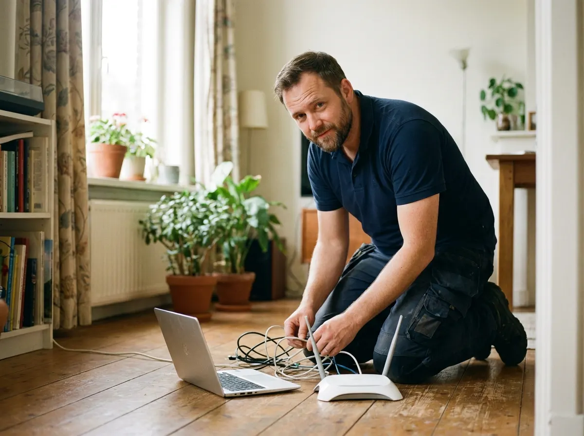 Computerhulp aan huis: monteur sluit een router aan in een woonkamer