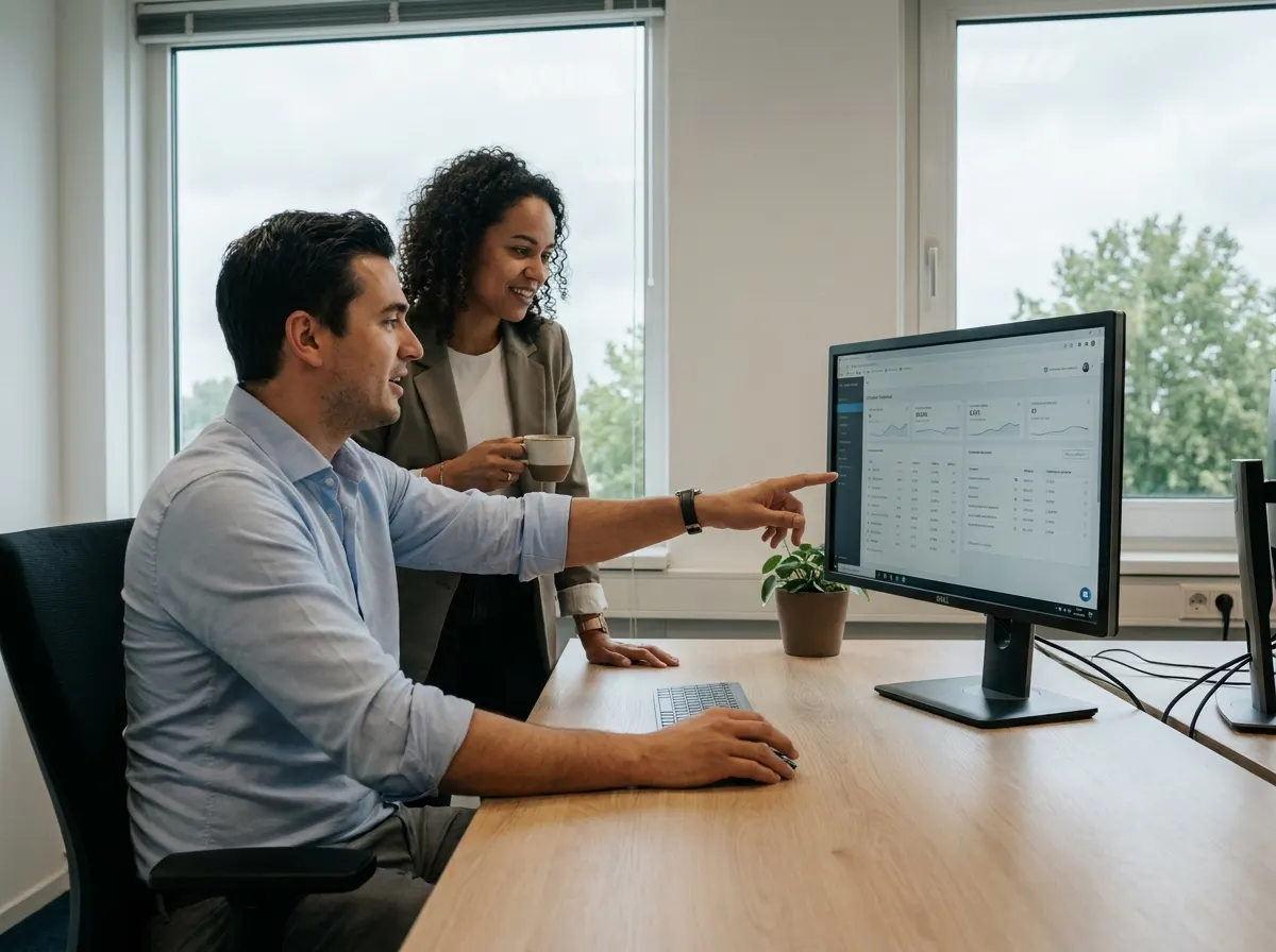 IT-specialist van MaxDeals legt een klant het IT-beheer uit